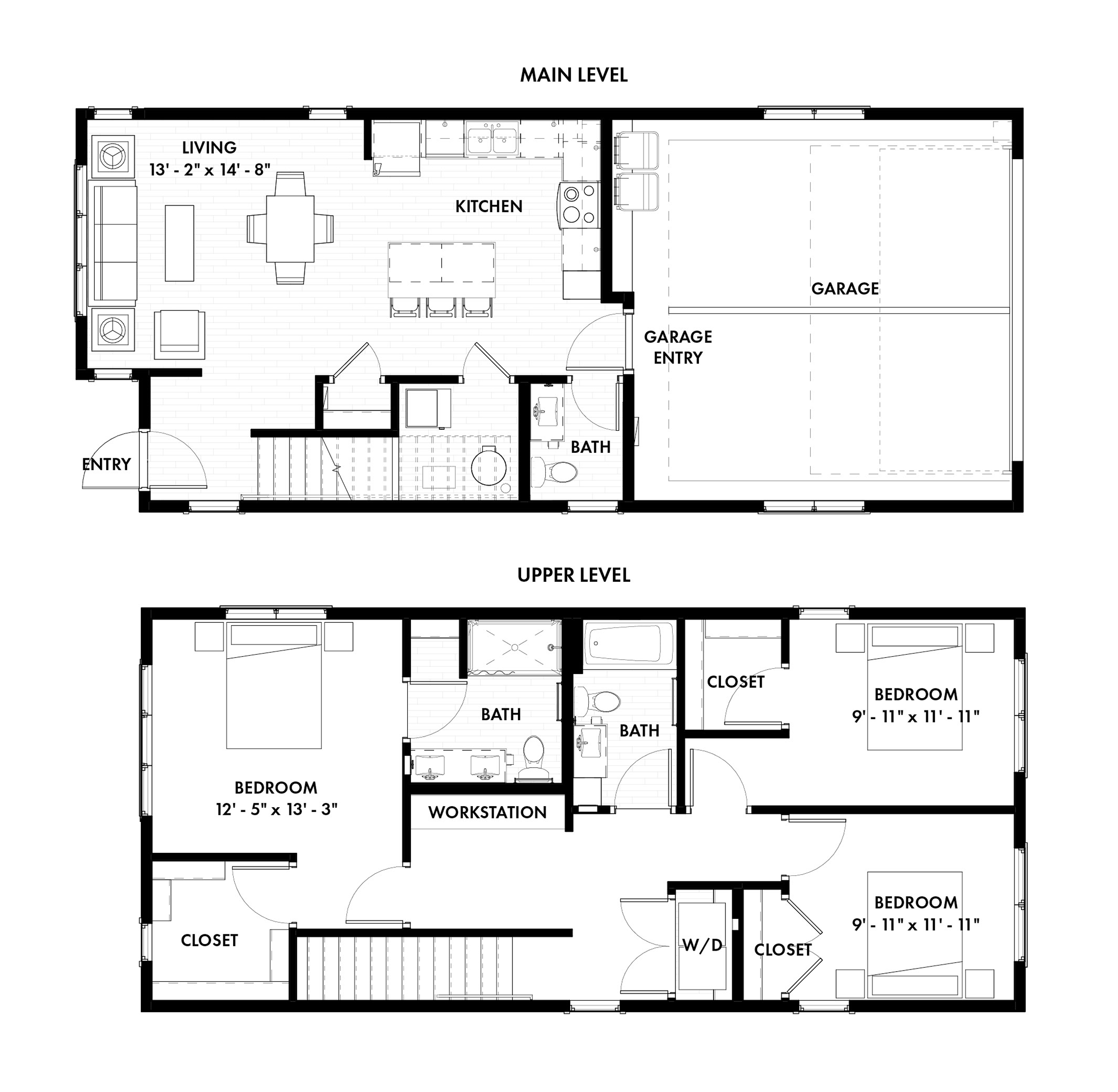 Graphic of a two-story house floor plan. Main level has living, kitchen, garage. Upper level has three bedrooms, two baths.