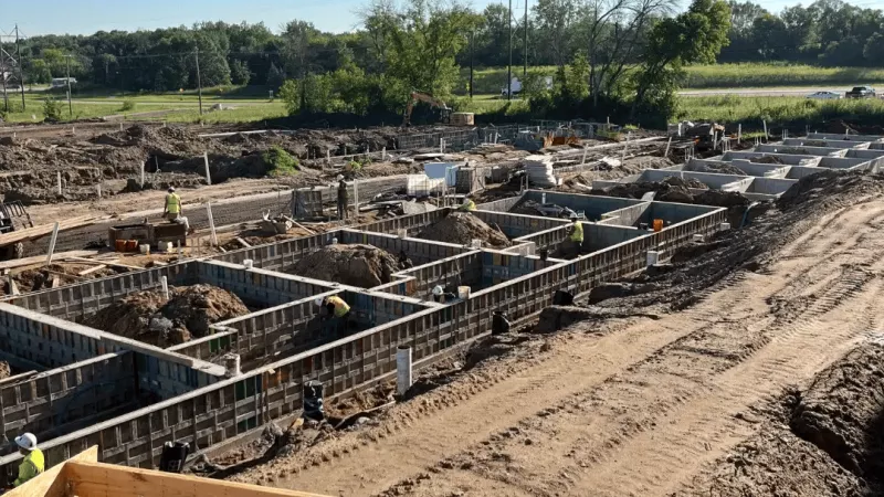 Overview of the construction site showing concrete foundation forms set in trenches for the new residential development.