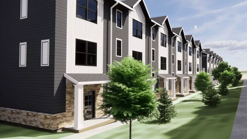 Architectural rendering of the Argenta Townhomes exterior showing the modern farmhouse style with dark siding, white accents, and stone veneer bases.