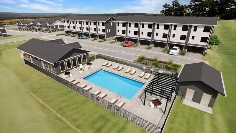 Aerial rendering of the Argenta Townhomes community amenities featuring a swimming pool surrounded by a sundeck with lounge chairs and a shaded pergola.
