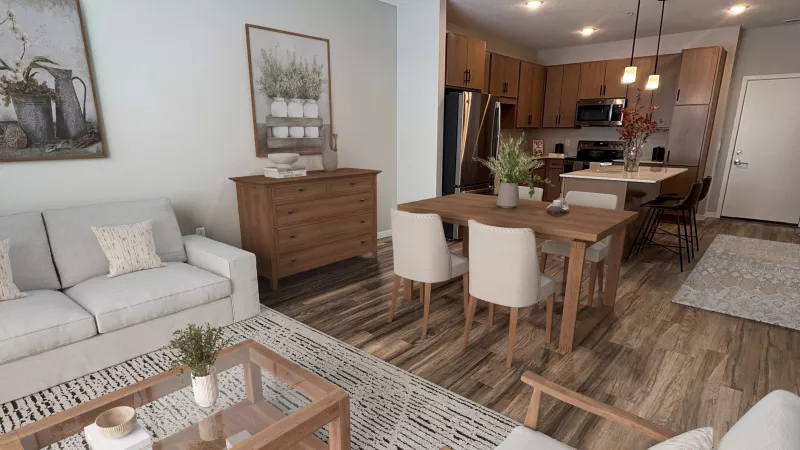 modern model unit with kitchen and living room