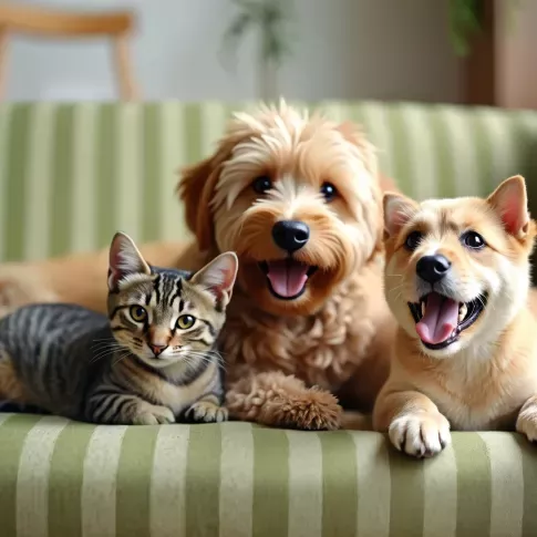 Cat and two dogs sitting on a green striped couch