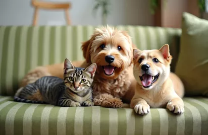 Cat and two dogs sitting on a green striped couch