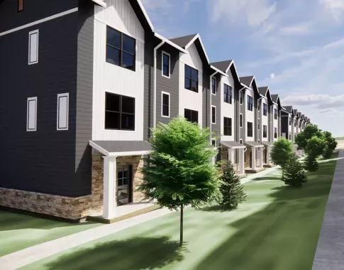 3D rendering of modern townhomes with gray and white siding, stone accents, and landscaped greenery along the walkway.